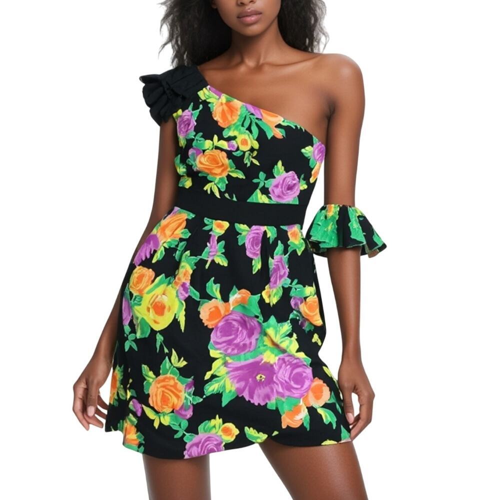 Phoebe Couture Floral One-Shoulder Dress Black Multicolor Size 2 Y2K Retro